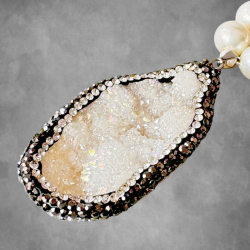 Lia Druzy Stone Pendant Set With Shell Mala and Earrings